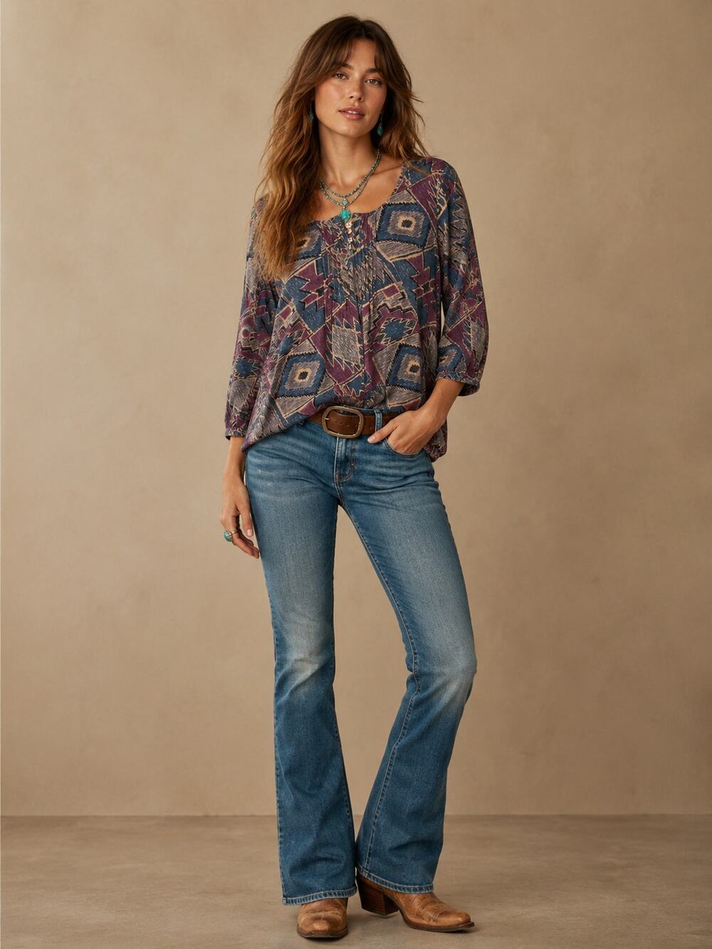 Lauren Ralph Lauren Southwestern Aztec Print Peasant Blouse Medium
